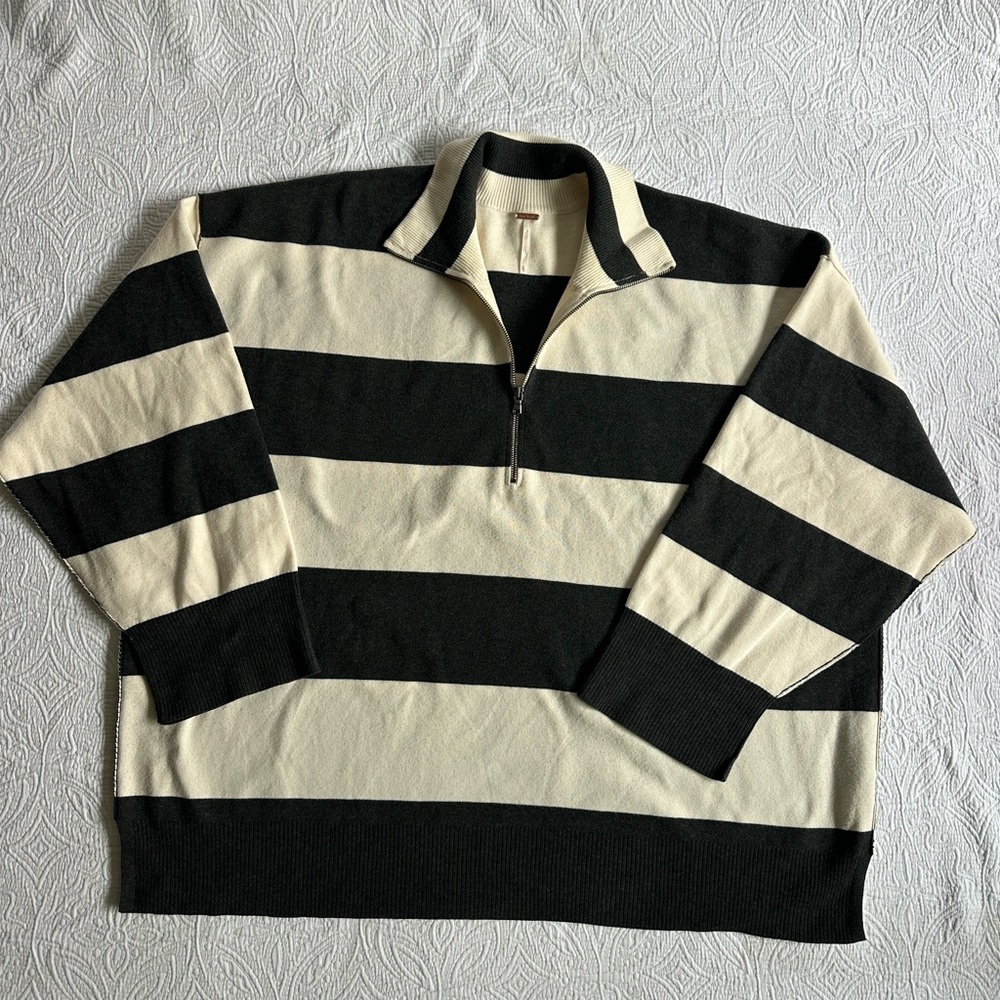Free People Black and Cream Zip-Up Sweater